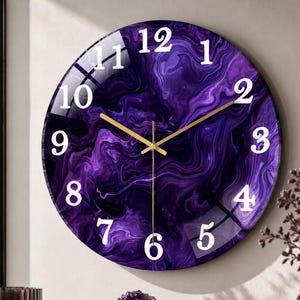 Purple Fluid Art Tempered Glass Wall Clock, Silent Sweep Movement Home Decor