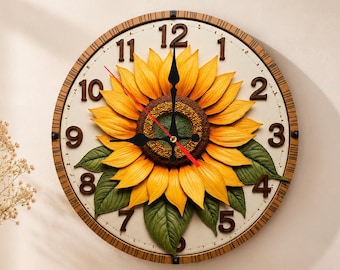 Benutzerdefinierte Sonnenblume Wanduhr Personalisierte Holzuhren Lebendige Natur Dekor | Einzigartiges saisonales Geschenk