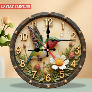 May include: A round wall clock featuring a hummingbird design. The clock face has large, gold-colored numerals and a detailed image of a hummingbird with a red throat, green head, and blue wings. The clock is surrounded by a dark brown frame with gold accents.