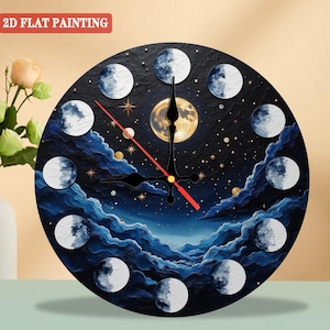 May include: Round wall clock with a celestial design. The clock face features a dark blue background with a full moon, phases of the moon, stars, and clouds. The clock hands are black with a red second hand. The text "2D FLAT PAINTING" is in the upper left corner.