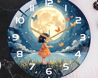 Moon Fairy Glass Wall Clock, Whimsical Kids Room Decor, Silent Butterfly Moon Clock, Nursery Wall Decor, Gift for Little Girls