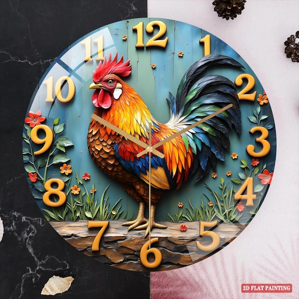 Orologio in vetro a forma di gallo, colorato e vivace, decorazione con animali da fattoria, regalo unico in stile rustico.