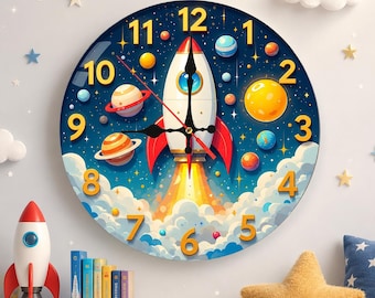 Reloj de pared con forma de cohete: Reloj de madera silencioso, decoración espacial para dormitorio infantil, regalo ideal