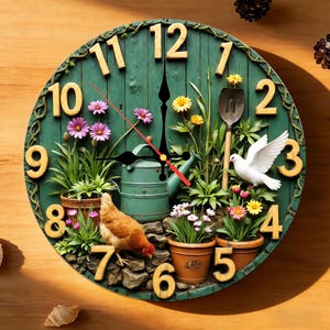 May include: A round wall clock with a green wooden plank background featuring raised gold numbers. The design includes a brown chicken, a white dove, a green watering can, a garden shovel, and potted flowers. Black clock hands are centered.