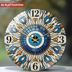 Evil Eye Mandala Glass Clock, Boho Blue Gold Art, Protection Wall Decor