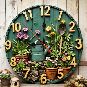 Blommig trädgårdsväggklockor: Tyst träklocka unik, anpassad modern konst för personliga presenter