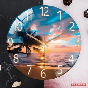 May include: Round wall clock featuring a beach scene with a palm tree, ocean, and sunset. The clock face has gold hands and white numerals. The words "2D FLAT PAINTING" are in the bottom right corner.