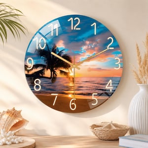 Tropical Beach Sunset Wall Clock  23.6 Inch Ocean Palm Tree Wooden Coastal Sea Waves with Neon Style Numbers Summer Home Decor House Gift