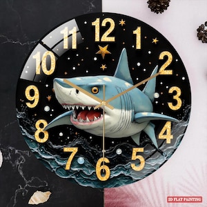 May include: A round wall clock featuring a blue and white shark design against a black background with gold glitter numbers and hands. The clock has a glass cover and a 2D flat painting style.