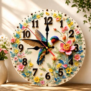 May include: A round wall clock with a cream-colored face featuring black numerals and a central hummingbird illustration. The clock is decorated with three-dimensional colorful flowers and green leaves, with black hour and minute hands and a thin red second hand.