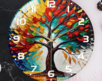 Unique Colorful Tree of Life Tempered Glass Wall Clock: Silent Non-Ticking Spiritual Home Decor