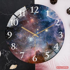 May include: Round wall clock with a galaxy design. The clock face features a colorful nebula with white numerals and gold-colored hands. The text "2D FLAT PAINTING" is in the bottom right corner.