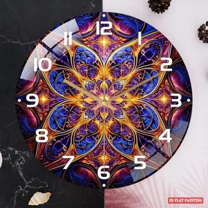 May include: Round wall clock with a vibrant, abstract floral design in shades of blue, gold, and purple. The clock face features white numerals and gold-colored hands. The clock is a decorative item for home decor.