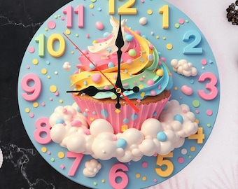 Cake Clock, Cupcake Clock Wall Art 10/12 inch Silent Wooden, Colorful Nursery Decor