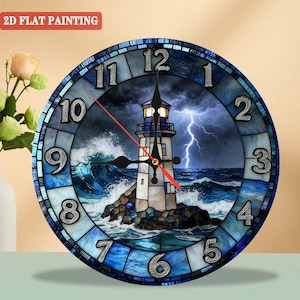 Reloj de pared de madera con escena de faro y tormenta: Mecanismo silencioso, decoración costera.