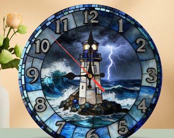 Lighthouse Storm Scene Wood Wall Clock: Silent Movement, Coastal Decor