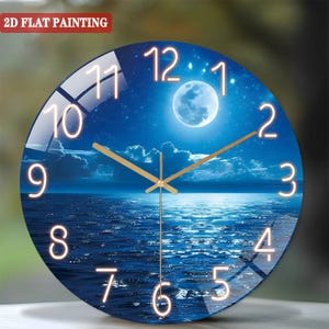 May include: Round wall clock with a blue ocean and moon design. The clock face features large, glowing white numbers and gold-colored hands. The words "2D FLAT PAINTING" are in a red box in the upper left corner.