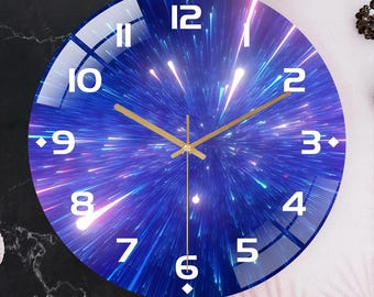 Galaxy Glass Wall Clock, Cosmic Space Decor, Silent Modern Blue Nebula Clock, Sci-Fi Room Decor, Gift for Space Lovers