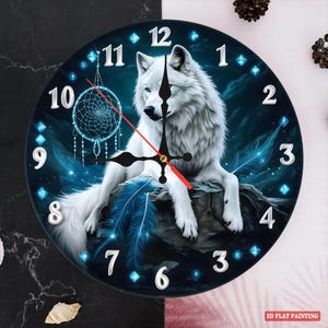 Dreamcatcher Wolf Style Wooden Round Wall Clock, Wolf Clock Battery Operated - With Movement - No Frame, Wolf Art, Wildlife Art, Cabin Decor