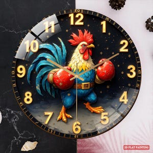 May include: Round wall clock featuring a colorful rooster wearing boxing gloves. The clock face is black with gold numerals and hands. The rooster is blue, red, yellow, and white. The clock has a glass cover.
