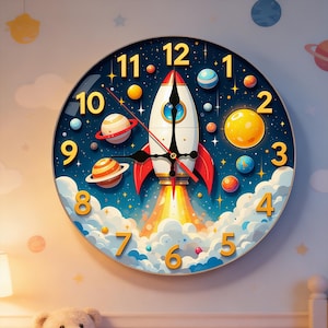 Orologio da parete a forma di razzo: decorazione celeste silenziosa in legno per la cameretta dei bambini, ideale come regalo per neonati.
