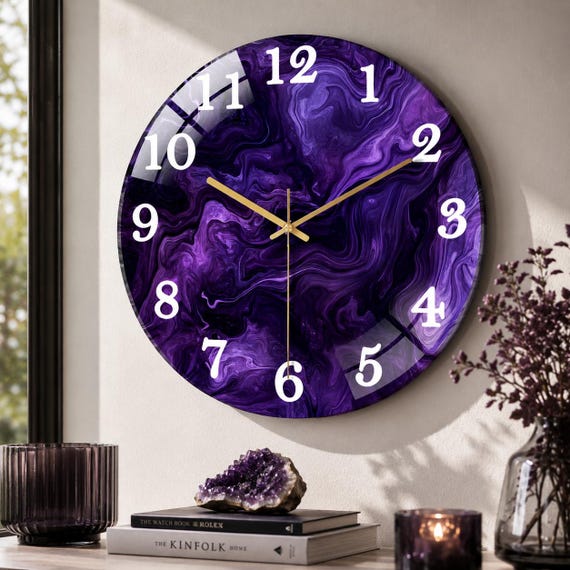 Purple Fluid Art Tempered Glass Wall Clock, Silent Sweep Movement