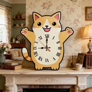 May include: A whimsical cat-shaped wall clock with a cream-colored face and black Roman numerals. The clock features a yellow and white body with outstretched paws and a smiling face. The clock hands are black and red.