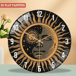 May include: Black and gold celestial wall clock featuring a sun and moon design. The clock face has white numerals and hands, with the text "2D FLAT PAINTING" in the upper left corner. The clock is round and has a glossy finish.