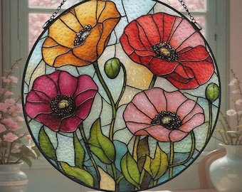 ポピーの花柄フェイクステンドグラス風ウィンドウステッカー - Etsy 日本