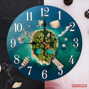 May include: A round wall clock with a skull-shaped island design. The clock face features a turquoise ocean with a green island shaped like a skull. White numerals mark the hours, and black and red hands indicate the time. A small ship is visible.