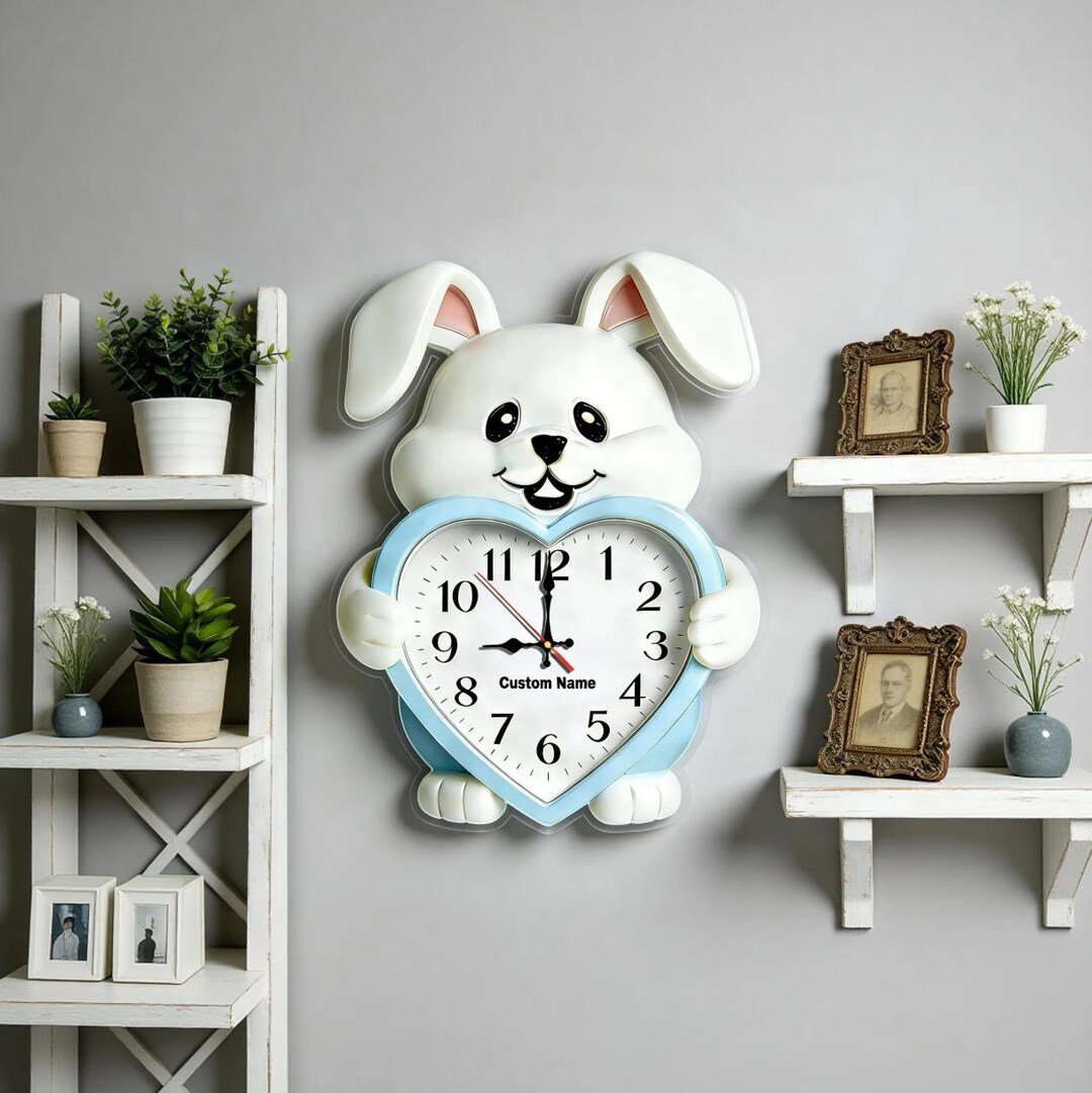 Customizable Rabbit Acrylic Wall Clock, Bunny Heart Nursery Art - Etsy