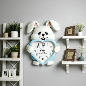 Personalizowany akrylowy zegar ścienny z motywem króliczka, dekoracja pokoju dziecięcego w kształcie serca króliczka