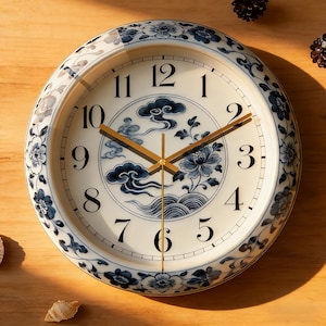 May include: A round, white ceramic wall clock with a blue floral and cloud design. The clock face features black numerals and gold-colored hands. The outer rim is decorated with blue floral patterns. The clock measures approximately 10 inches in diameter.
