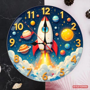 Rocket Ship Kids Wall Clock: Silent Nursery, Classroom Space Decor