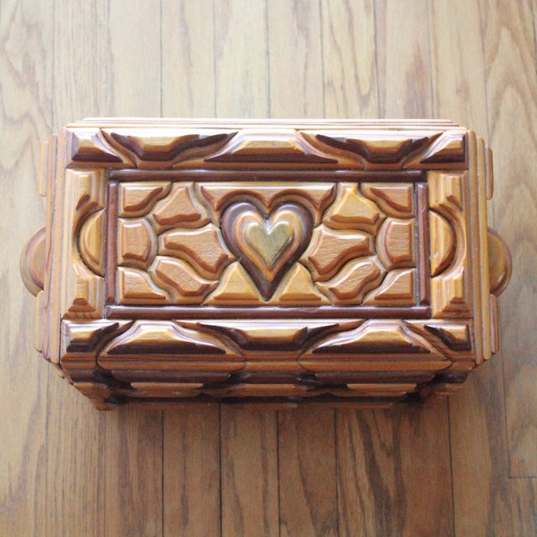 Antique 30's Handmade Wooden Puzzle Piece Heart Box, signed U.S.S. 31'