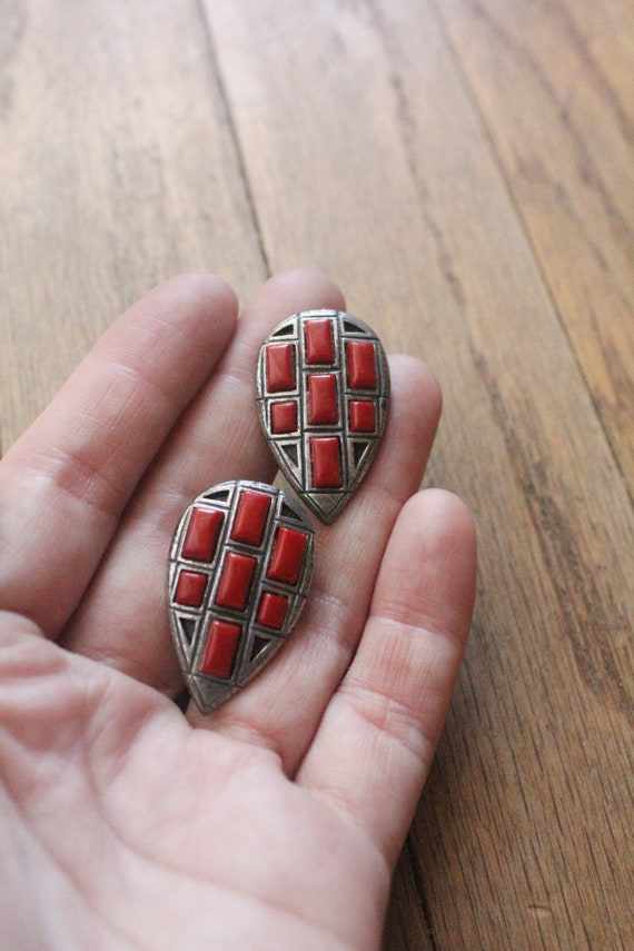 Vintage 50's Silver and Red Coral Inlaid Cabochon… - image 3