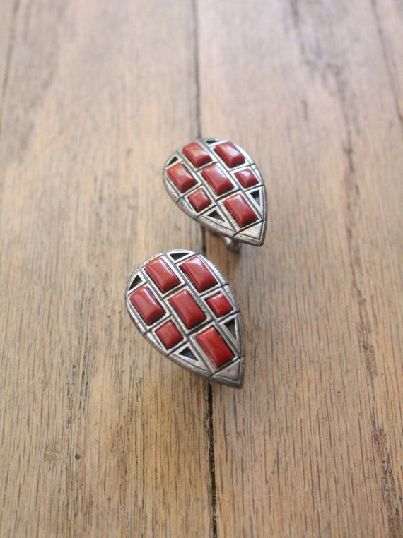 Vintage 50's Silver and Red Coral Inlaid Cabochon… - image 4