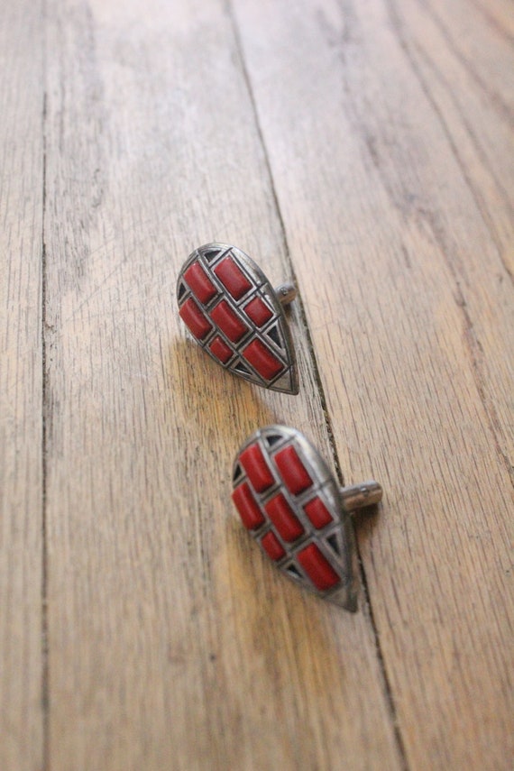 Vintage 50's Silver and Red Coral Inlaid Cabochon… - image 7