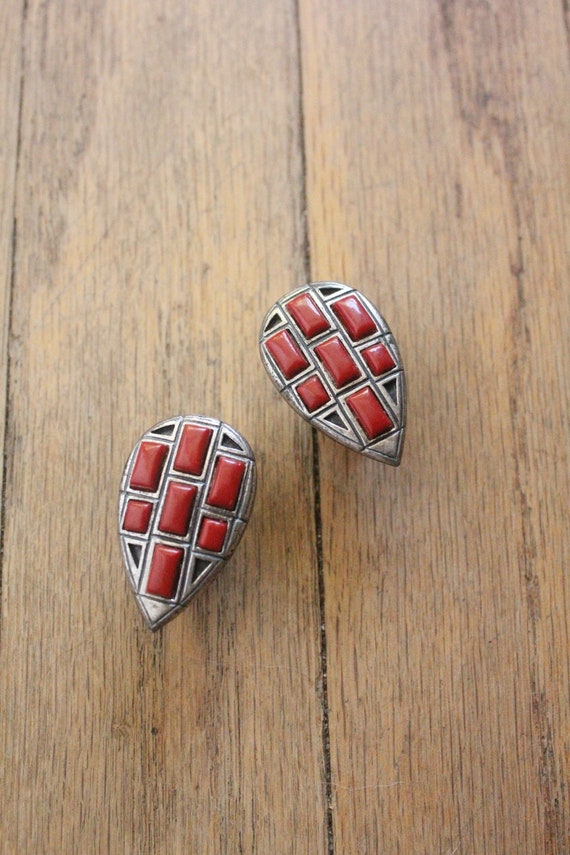 Vintage 50's Silver and Red Coral Inlaid Cabochon… - image 5
