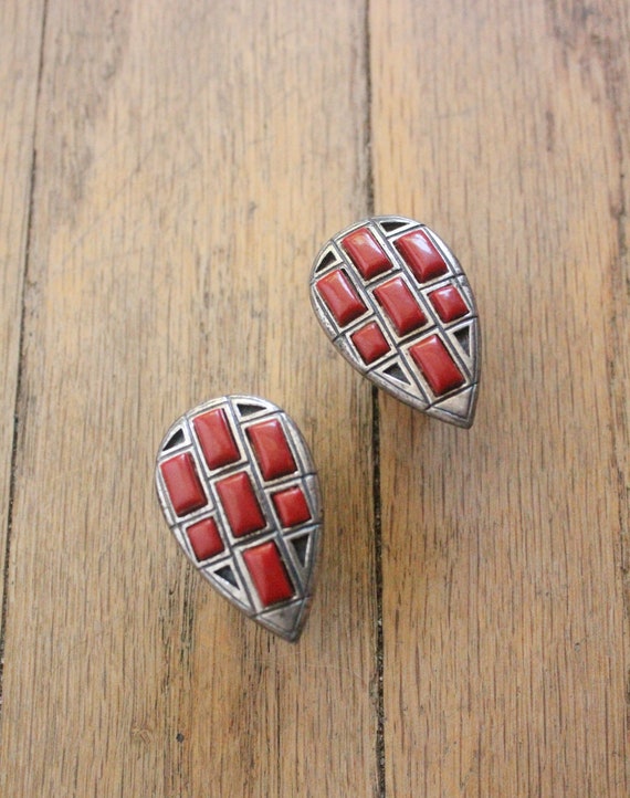 Vintage 50's Silver and Red Coral Inlaid Cabochon… - image 2