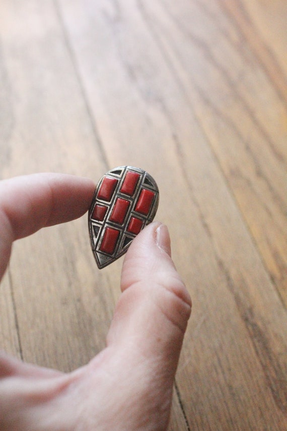 Vintage 50's Silver and Red Coral Inlaid Cabochon… - image 6