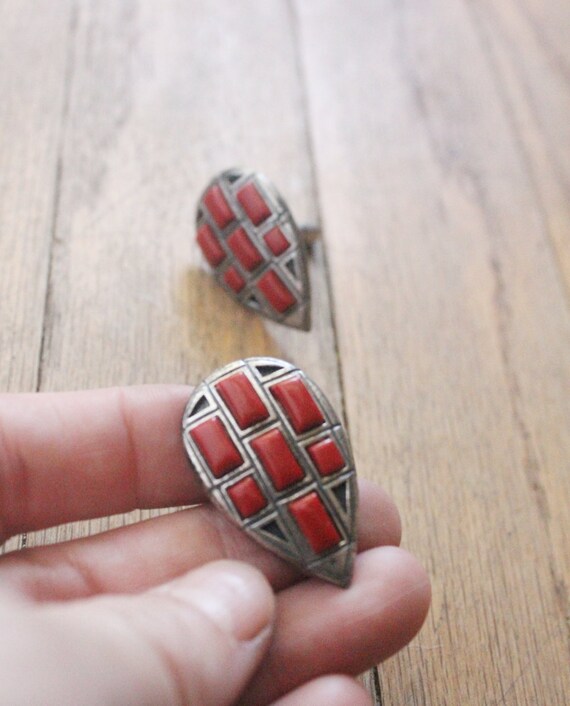 Vintage 50's Silver and Red Coral Inlaid Cabochon… - image 1