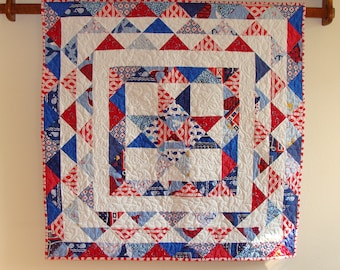 Nautical Theme Baby Whales Quilt Modern Boy Triangles Star Baby Quilt, Wall or Lap Quilt - Red White and Blue