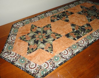 Six Point Stars Stack and Wack Quilt Blocks Patchwork Table Runner - Black Copper and Sage Green