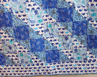 Nautical Theme Baby Whales Quilt Modern Boy Baby Quilt, Wall or Lap Quilt - Blue and White