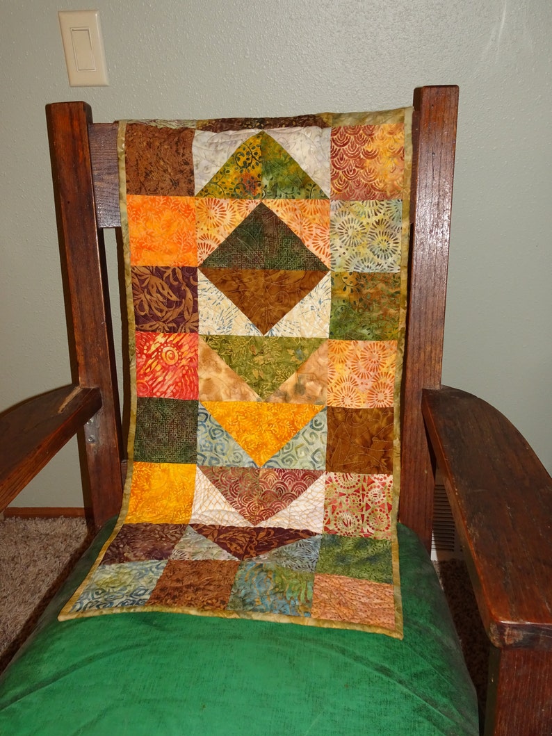 Quilted Table Runner Autumn Batik Flying Geese Handmade Patchwork Runner