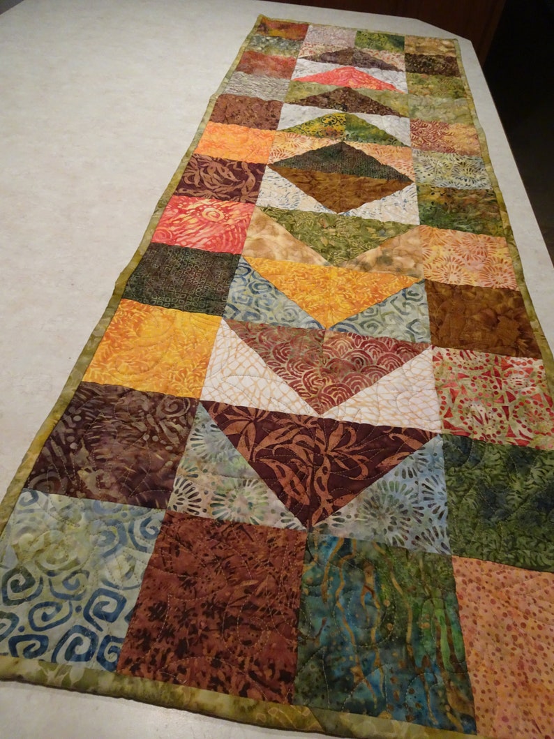 Quilted Table Runner Autumn Batik Flying Geese Handmade Patchwork Runner