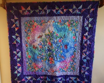 Sunrise Garden Panel with Patchwork Stars Borders Wall Quilt   Table Topper or Lap Quilt