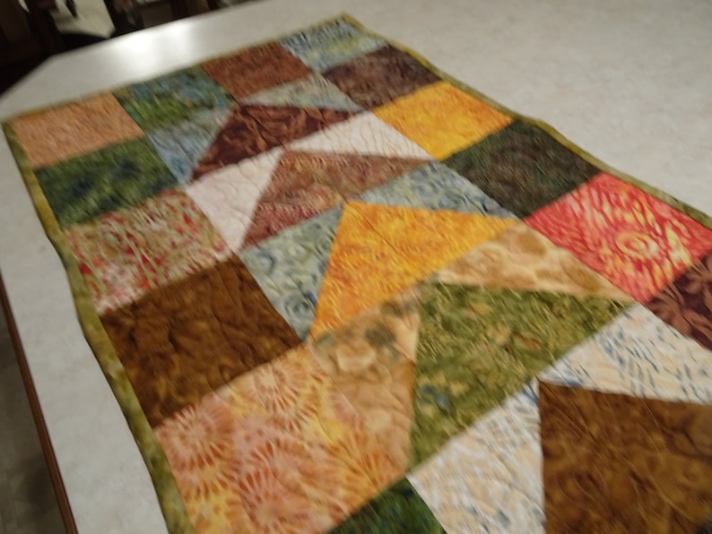 Quilted Table Runner Autumn Batik Flying Geese Handmade Patchwork Runner