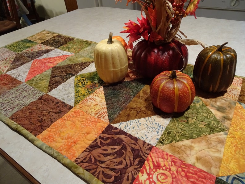 Quilted Table Runner Autumn Batik Flying Geese Handmade Patchwork Runner